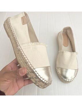 Mint & Rose | Cream Canvas Espadrille with Metallic Gold Toe Cap Flats